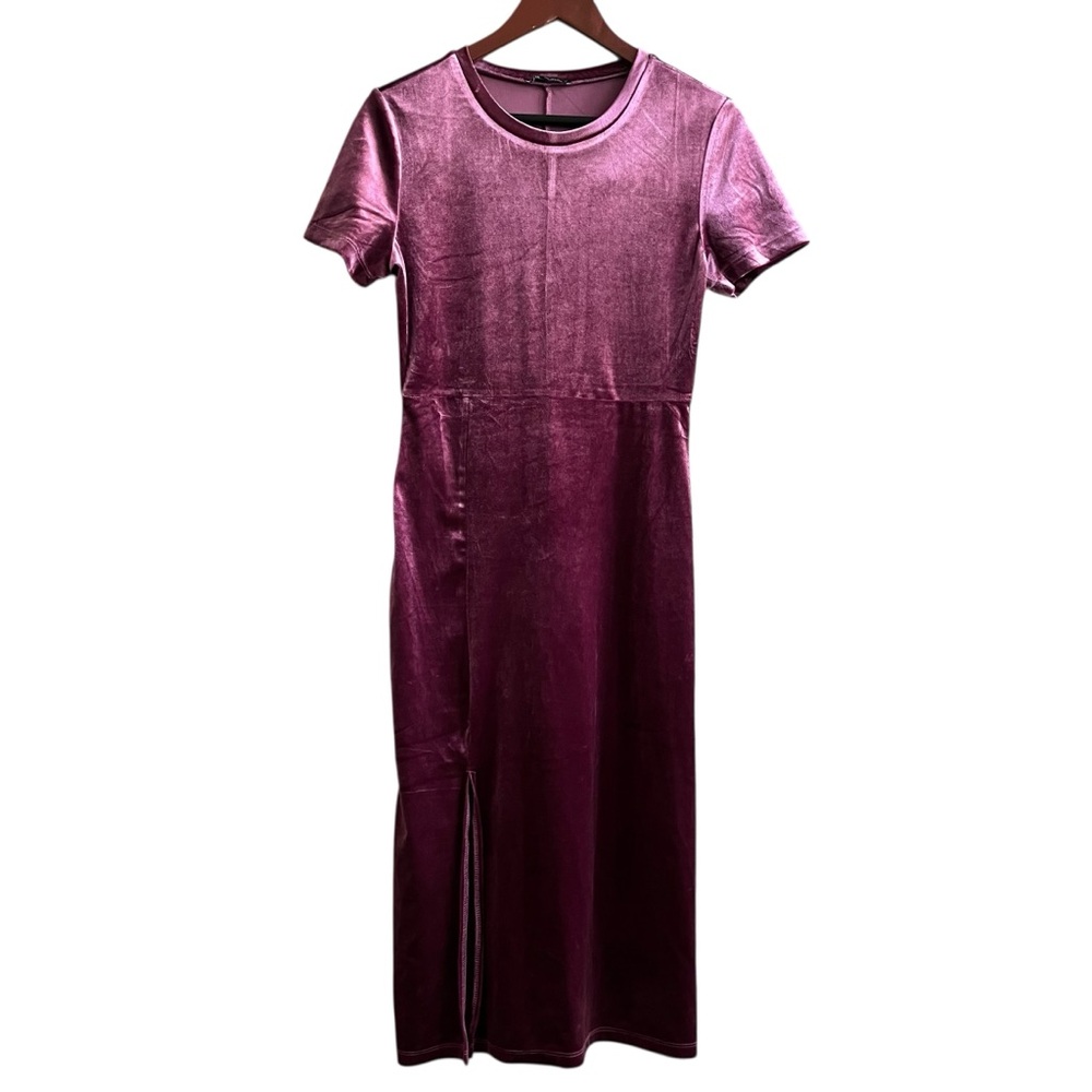🔟 Zara Raspberry Velvet Bodycon Midi Dress Side Slit  Large - Picture 3 of 11